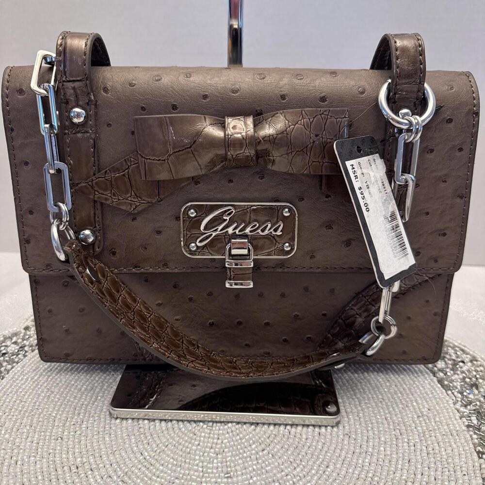 Guess Vegan Leather Ostrich Purse Handbag Visage "Coffee" Brown NWT